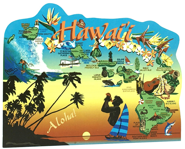 Display your state pride with a state map of Hawaii handcrafted in wood by The Cat's Meow Village