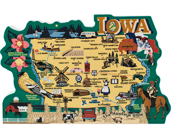 Display your state pride with a state map of Iowa handcrafted in wood by The Cat's Meow Village