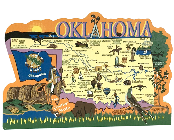 Display your state pride with a state map of Oklahoma handcrafted in wood by The Cat's Meow Village
