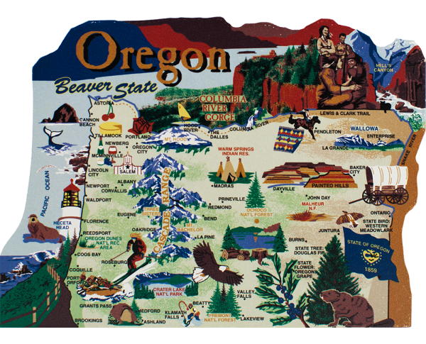 Show your state pride with a state map of Oregon handcrafted in wood by The Cat's Meow Village
