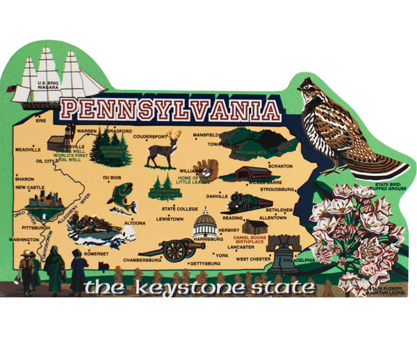 Show your state pride with a state map of Pennyslvania handcrafted in wood by The Cat's Meow Village