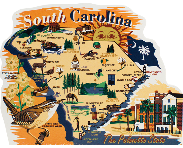 Add this wooden state map of South Carolina to your home decor, handcrafted in the USA by The Cat's Meow Village