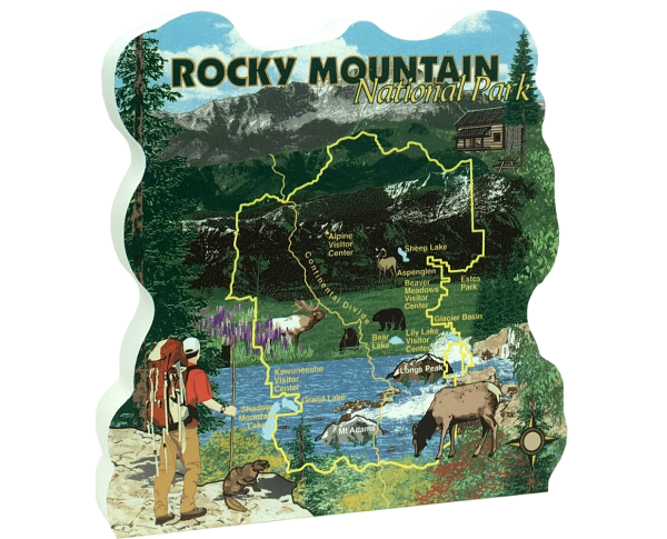 Keep memories alive of your trip to the park with our 3/4" thick wooden "map" of the Rocky Mountain National Park. Handcrafted in the USA by The Cat's Meow Village.