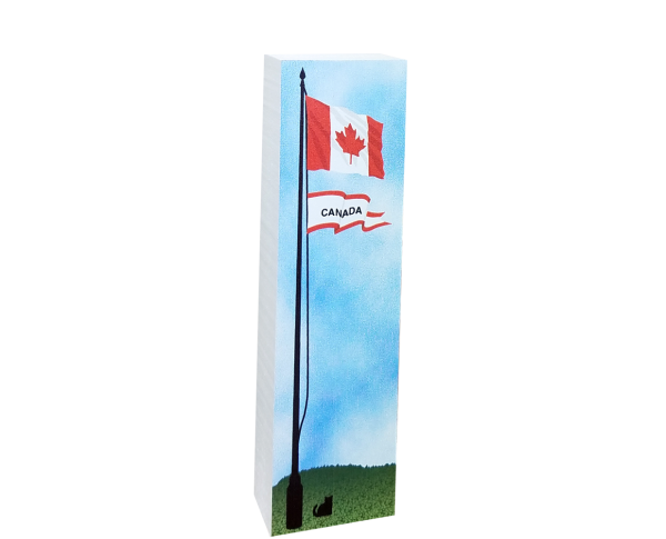 Canadian flag handcrafted of 3/4" thick wood that you can tuck into a bookshelf or perch it on your desk. Made in the USA by The Cat's Meow Village.