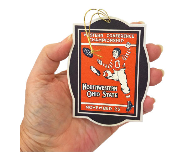 Handcrafted wooden ornament of OSU football 1916 Season Northwestern Program cover by The Cat’s Meow Village.