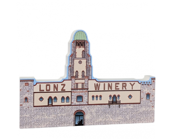 Wooden replica of Lake Erie Lonz Winery, Middle Bass Island, Ohio handcrafted by The Cat's Meow Village in Ohio.