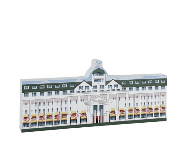 Wooden souvenir of the Grand Hotel on Mackinac Island, Michigan. Handcrafted by The Cat's Meow Village in Ohio.
