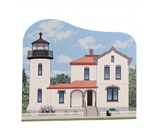 Wooden souvenir of the Admiralty Head Lighthouse in fort Casey State Park, Washington. Handcrafted by The Cat's Meow Village in Ohio.