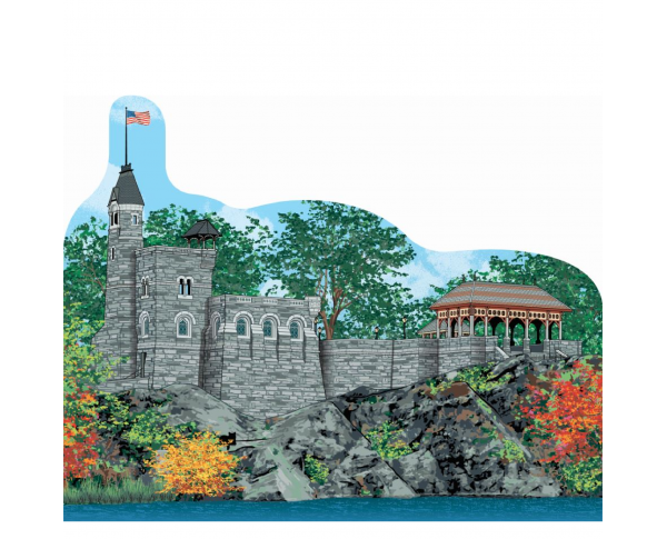 Wooden replica of Belvedere Castle in Central Park, New York City. Handcrafted by The Cat's Meow Village in the USA.