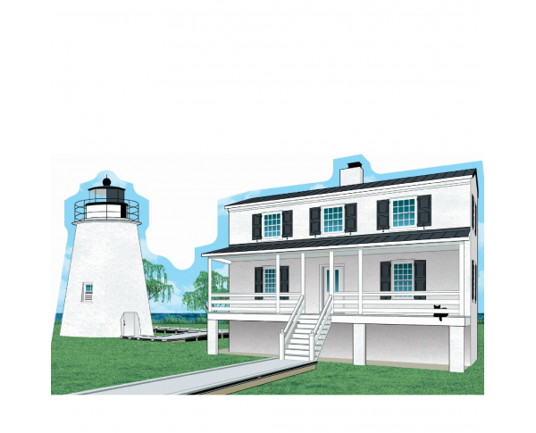 Wooden replica of Piney Point Lighthouse, Piney Point, MD handcrafted in the USA by The Cat's Meow Village.