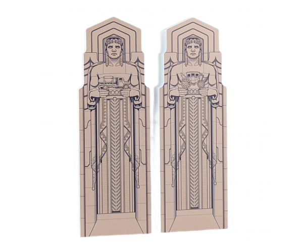 Wooden replicas of Hope Memorial Bridge Guardians, Cleveland, Ohio, handcrafted by The Cat's Meow Village in the USA.