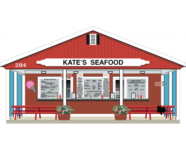Wooden souvenir replica of Kate's Seafood, Brewster, Massachusetts, Cape Cod handcrafted in the USA by The Cat's Meow Village.