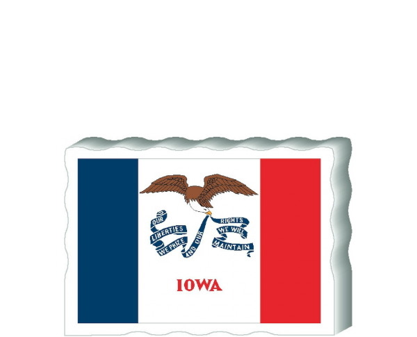 Slightly larger than a deck of cards, this wooden postcard version of the Iowa flag can fit into any nook around your home or workplace showing off your state pride! Handcrafted in the USA by The Cat's Meow Village.