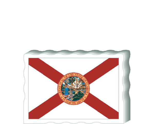 Slightly larger than a deck of cards, this wooden postcard version of the Florida flag can fit into any nook around your home or workplace showing off your state pride! Handcrafted in the USA by The Cat's Meow Village.