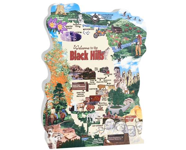 Map of the Black Hills in western South Dakota filled with all the places to visit. Handcrafted in 3/4" thick wood by The Cat's Meow Village in the USA.