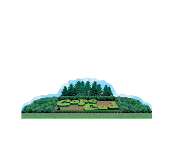 Wooden replica of Cape Cod Hedge Sign, Bourne, MA, handcrafted by The Cat's Meow Village in the USA.